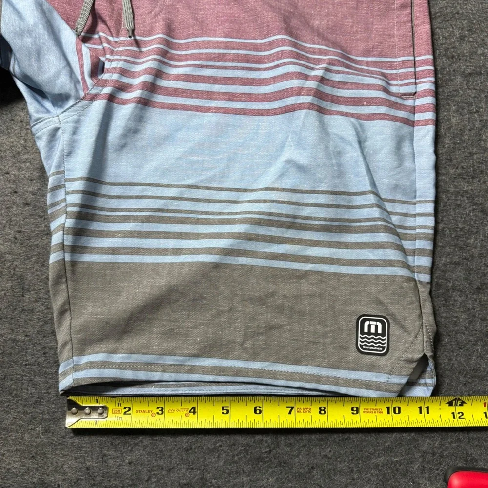 TravisMathew Mens Striped Board Shorts Grey Burgundy Blue Size 38 Swim Trunks